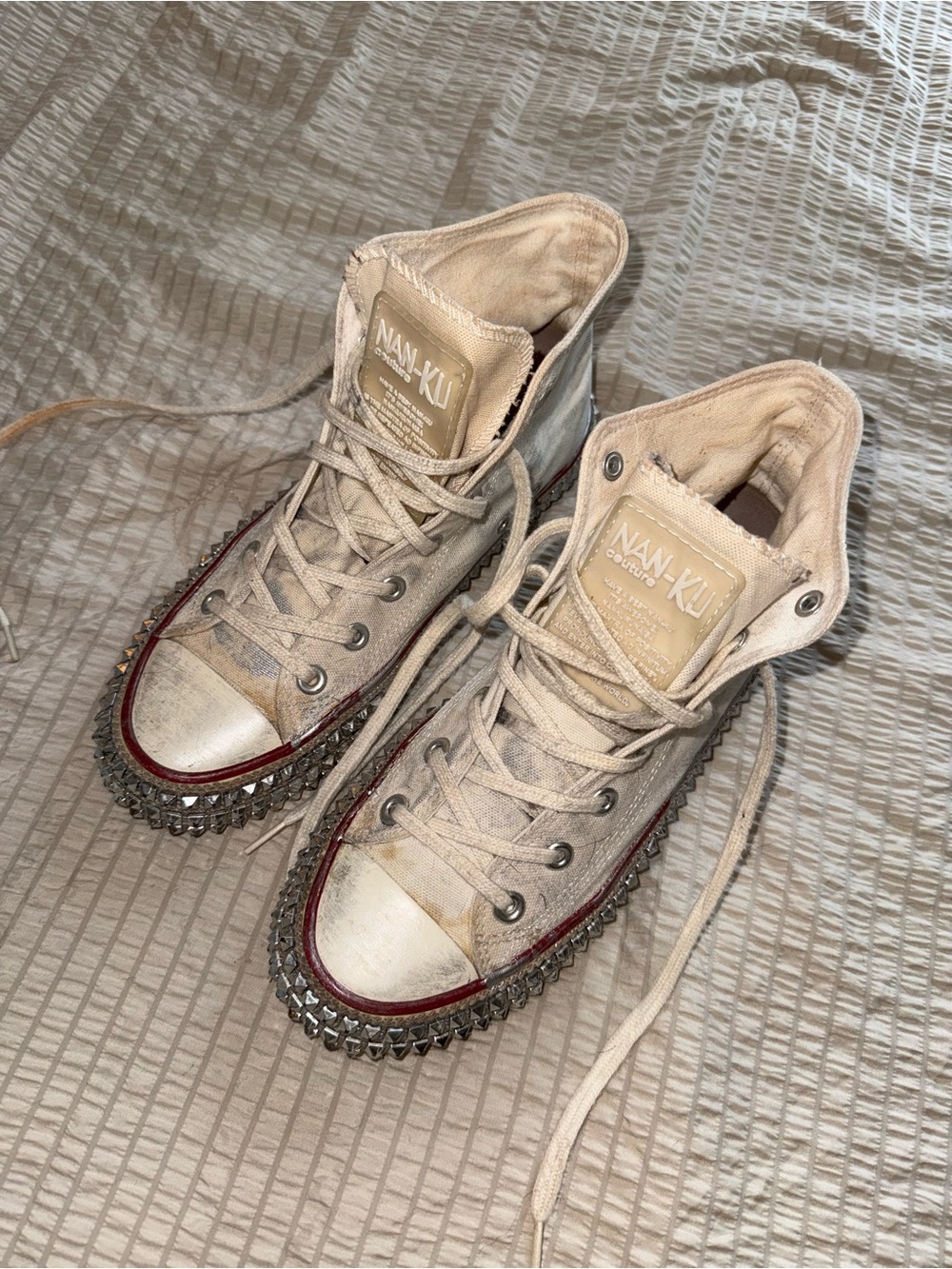 Nan Ku High-Top Canvas Distressed Studded Sneakers for Women 9.5